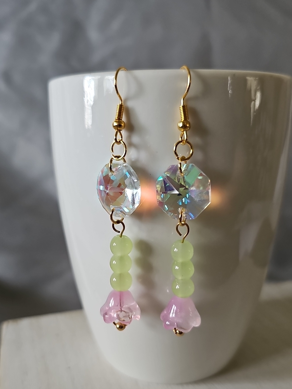 Pink Flower and Iridescent Crystal Earrings